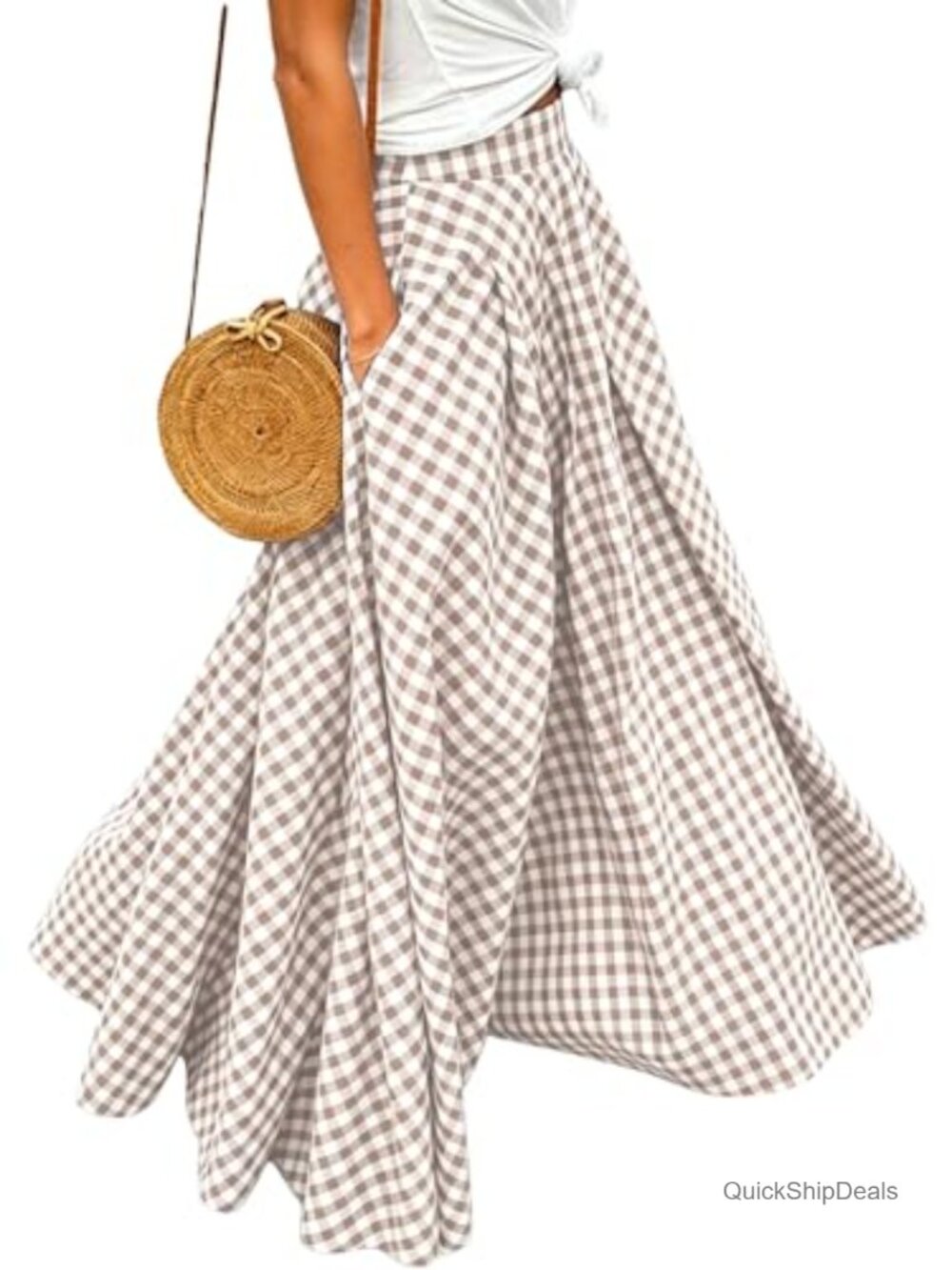 Women's Plaid Gingham Maxi Skirt High Waisted A-Line Ruffled Pleated Long